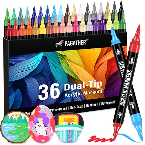 Pagather 36 Colors Acrylic Paint Markers, Dual Tip with Fine Tip and Brush Tip Pens for Fabric, Stone, Wood, Canvas, Ceramic, Metal, Glass, Rock Painting, DIY Crafts - color: 36 Colors