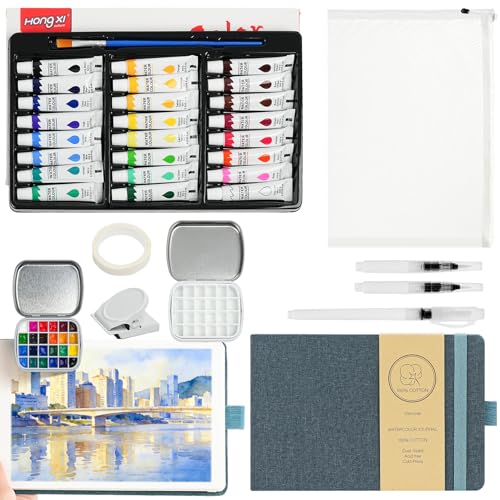 Vienrose Mini Portable Watercolor Palette Set for Travel & Outdoor Painting with 8.5" x 5.5" Linen Cover Watercolor Sketchbook, 24-Color Watercolor Paints, 3 Pens, Artist Tape & Storage Bag - color: Navy Blue, size: 8.5"x5.5"