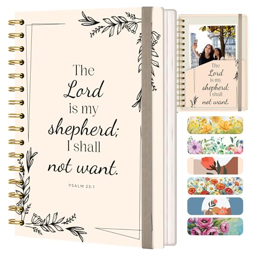 Hardcover Blank Christian Notebook – 140 Pages – Psalm 23:1 | Lined Pages with Bible Verse Cover – Inspirational Writing Spiral Notebook for Bible Study, "Lord is my Shepherd" - color: Shepherd_Cream