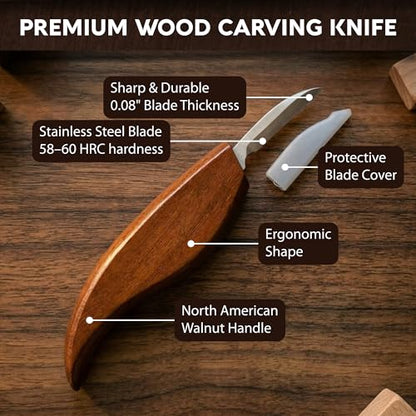 Wood Carving Kit for Beginners - Gift Ready Complete Tools Set | Whittling Kit with 8 Wood Carving Knives, Spoon Carving Tools, Wood Blocks, Gloves, Roll Bag and Sharpening Strop