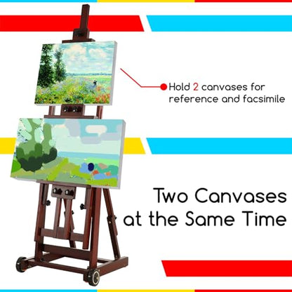 MEEDEN Multi-Function Studio Easel,H-Frame Easel,Painting Easel for Adults,Artist Easel,Floor Easel,Solid Beech Wooden Easels w/Front Wheels,Holds Canvas Art up to 77" - Deep Walnut