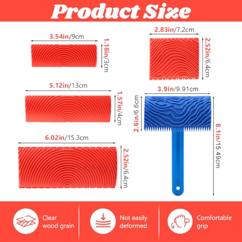 5 Pack Wood Grain Tool,Woodgraining Tool Kit,Texture Pattern with Handle Roller Rubber Empaistic Graining Tool Paint Look Like Wood for DIY Wall Room Art Decoration