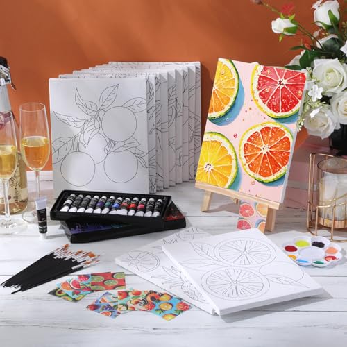 Engrowtic 12 Pcs 8 x 10'' Fruit Pre Drawn Canvas to Paint Pre Printed Sketched Canvas for Adult Ladies Paint Art Party Favor Board Set for Craft (Fruit Style) - style: Fruit Style