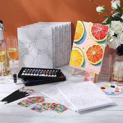 Engrowtic 12 Pcs 8 x 10'' Fruit Pre Drawn Canvas to Paint Pre Printed Sketched Canvas for Adult Ladies Paint Art Party Favor Board Set for Craft (Fruit Style) - style: Fruit Style