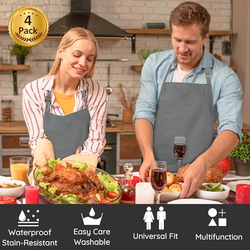 4 Packs Chef Apron, Waterproof Apron, Adjustable Aprons with 2 Pockets for Men Women, Professional Aprons for Kitchen Cooking Gardening Painting Baking Restaurant (Gray) - color: Gray