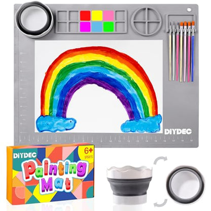 DIYDEC Silicone Craft Mat for Kids 20X16 Inch Large Silicone Art mat with Detachable Cup Painting Mat with 10 Painting Brushes Silicone Mat for Boy Girl DIY Gift Accessories (Grey) - color: Grey