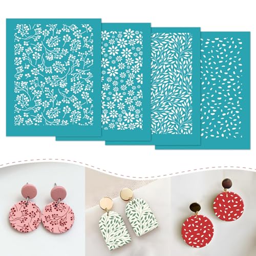 Briartw 4 Pattern Clay Silk Screen Stencil Set for Polymer Clay –Botanical Bloom DIY Craft Templates (4.13x3.35 Inch / 10.5x8.5 cm) –for Polymer Jewelry,Earrings,Sculpting & Decorative Art - color: Botanical Bloom Stencil Collection