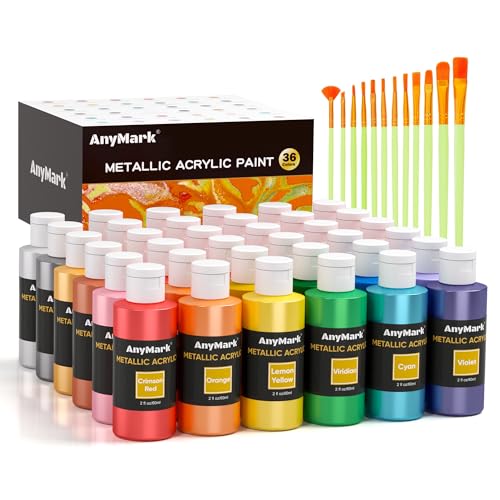 AnyMark Metallic Acrylic Paint, 36 Metallic Colors with 12 Brushes, 2 fl oz/60ml Bottles, Glitter Acrylic Paint Set for Adults Canvas, Rock, Wood - color: Metallic, size: 2 Fl Oz (Pack of 36)