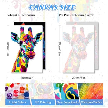 KEYIFA 2 Pack Paint by Numbers Kit, Stretched Canvas Boards for Painting for Adults, Crease-Free Acrylic Oil Painting for Students Favor Sip & Paint Party Supplies, Giraffe + Colourful Cat (8x12in)