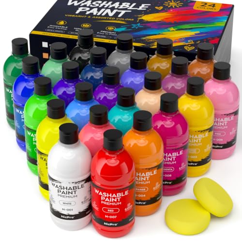 Nicpro 24 Colors Large Washable Paint Set for Kid (8.45oz), Acrylic Bulk Paint Supplies Non Toxic Tempera Paint for Art, Craft DIY, Poster & Finger Paint, School, Home, Teacher Classroom Must Haves - color: 24 Colors, size: 8.45 Fl Oz (Pack of 24)