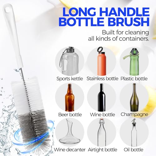 Holikme 10 Pack Bottle Brush Cleaner Set, 15" Long Handle Bottle Cleaner Brush, Flexible Long Handle Water Bottle Brush for Narrow Neck Beer Wine, 8 Straws, Abrasive Spiral Brushes, White Grey