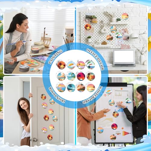 24 Pcs Magnetic Canvas Mini Round Canvas Boards Pre Drawn Canvases with Brushes Acrylic Paints Pre Printed Painting Boards for Students DIY Fridge Locker Art Craft(Hawaii)
