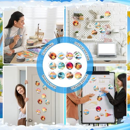 24 Pcs Magnetic Canvas Mini Round Canvas Boards Pre Drawn Canvases with Brushes Acrylic Paints Pre Printed Painting Boards for Students DIY Fridge Locker Art Craft(Hawaii)
