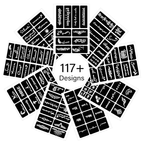 9 Temporary Tattoo Stencils, 117 PCS Henna Stencils Reusable Tattoo Stencils for Face Body Art Painting for Women Men Adults Kids - color: 9 sheets, 117 pcs