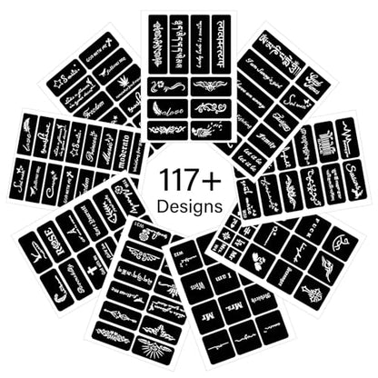 9 Temporary Tattoo Stencils, 117 PCS Henna Stencils Reusable Tattoo Stencils for Face Body Art Painting for Women Men Adults Kids - color: 9 sheets, 117 pcs