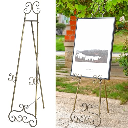 56" H Metal Scroll Extra Large Free Standing Adjustable Display Easel, Vintage Decorative Floor Display Stand Easel with Chain Support for Picture Frame Wedding Sign