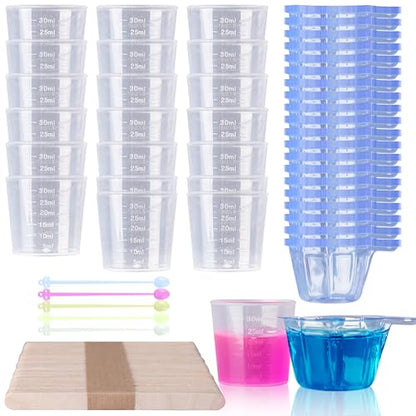 LET'S RESIN Epoxy Mixing Cups Kit,200Pcs, Plastic, 30ml Disposable Measuring Cups,50 Wooden Stirring Sticks for Paint Mixing, Jewelry Making - size: 30ML