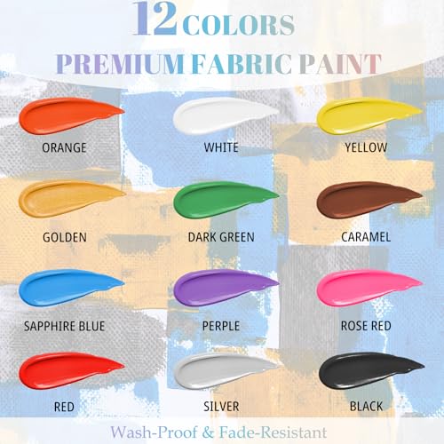 Fabric Paint Set, 12 Vibrant Colors Permanent Textile Paint (25ml/0.88oz) with Brushes & Stencils, Non-Toxic Water-Based Paint for T-Shirts, Bags & DIY Art Projects - color: 12colors