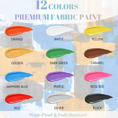 Fabric Paint Set, 12 Vibrant Colors Permanent Textile Paint (25ml/0.88oz) with Brushes & Stencils, Non-Toxic Water-Based Paint for T-Shirts, Bags & DIY Art Projects - color: 12colors