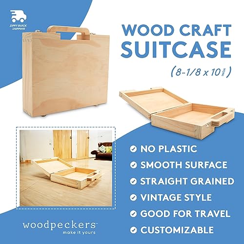 Woodpeckers Wood Suitcase 8-1/8 x 10 inch, Pack of 1 Unfinished Wooden Boxes for Crafts, Travel Friendly Memory Boxes for Keepsakes - size: 8-1/8"