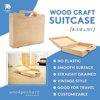 Woodpeckers Wood Suitcase 8-1/8 x 10 inch, Pack of 1 Unfinished Wooden Boxes for Crafts, Travel Friendly Memory Boxes for Keepsakes - size: 8-1/8"