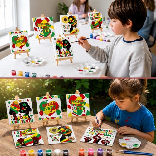 Cinrobiye 12 Pcs Juneteenth Canvas Craft Kit, DIY Pre Drawn Canvas Painting Activity Set with Easels Brushes and Aprons, Freedom Day Classroom Arts and Crafts Supplies for Group Event