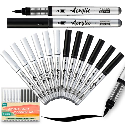 Black and White Acrylic Paint Markers Pens 12 Pcs Creative Marker Set with Soft Brush Tip Blendable, Water-Based Formula for Paper, Wood, Ceramic, Glass, Rock, Canvas, Metal (6 Black+ 6 White) - color: Black and White