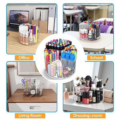 Mefirt Acrylic Pen Holder, 2 Pack 360 Rotating Organizer With 6 Compartments, Desk Office Storage for 800 Pens, Markers, Crayons and Art Supplies - style: Clear-Large 2 PACK