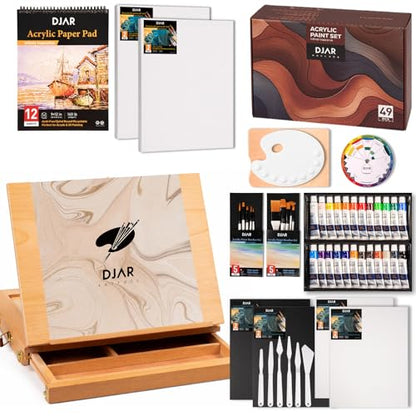 DJAR 49 Pcs Acrylic Paint Set with Tabletop Easel Box, 24 Colors | All-in-One Painting Kit with Sketchbook, Painting Pads & Palette, Complete Art Supplies Kit for Adults, Teens, and Beginners - style: Tabletop Easel Set