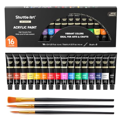 Shuttle Art Acrylic Paint Set, 16 x12ml Tubes Artist Quality Non Toxic Rich Pigments Colors Great for Kids Adults Professional Painting on Canvas Wood Clay Fabric Ceramic Crafts - color: 16 Colors