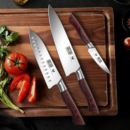 HOSHANHO 3-Piece Kitchen Knife Set, Ultra Sharp Chef/Santoku/Paring Knives,Professional High Carbon Steel Knives with Ergonomic Handle, Ideal Cooking Gift Set - size: 3 Pieces Knife Set