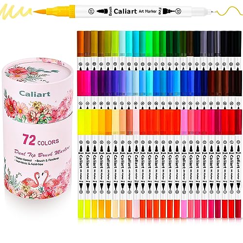 Caliart 72 Colors Double Tip Brush Pen Art Markers for Adult Coloring Books | Artist Fine & Brush Coloring Markers for Journaling Calligraphy Drawing Gifts Teacher Office Art Supplies - color: 72 colors(White Barrel)