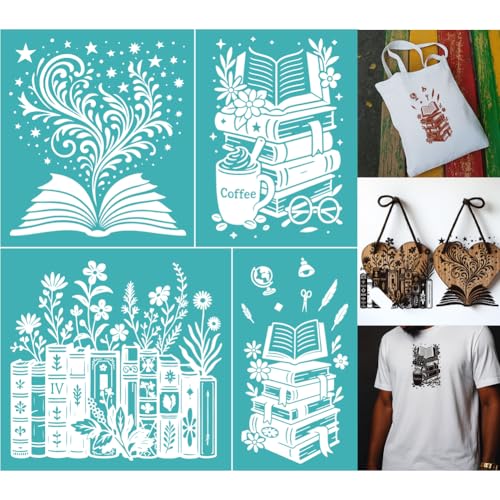 2 Sheets Book with Flower Silkscreen Stencil, Floral Printing Stencils Templates Reusable Self-Adhesive Silk Screen for Painting on Wall, Wood, T-Shirt, Fabric, Home Craft Decor, 8.7x11 Inch - style: Book with Flower