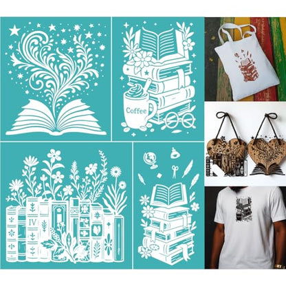2 Sheets Book with Flower Silkscreen Stencil, Floral Printing Stencils Templates Reusable Self-Adhesive Silk Screen for Painting on Wall, Wood, T-Shirt, Fabric, Home Craft Decor, 8.7x11 Inch - style: Book with Flower