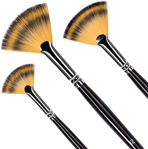 Golden Maple Fan Brushes, 3Pcs Soft Anti-Shedding Nylon Hair, Birch Wooden Long Handle Artist Paint Brush Set for Acrylic Watercolor Oil Painting