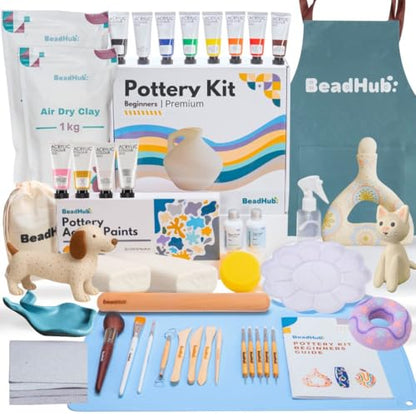 Pottery Kit for Beginners, 4.4LBS Air Dry Clay for Adults with Sculpting Tools, Paint, Glaze, 2kg Air-Dry Modeling Clay | Molding, Sculpt & Painting Set, Hobby Date Night DIY Art Craft Kits (White) - color: A White