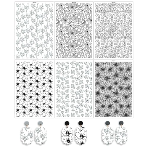 6 Pcs Black Flowers Transfer Paper for Earrings & Polymer Clay, Bloom Blossom Floral Pattern Water Soluble Transfer Sheet for Polymer Clay DIY Art Crafts Jewelry Earrings Making Supplies 5.82X3.9in