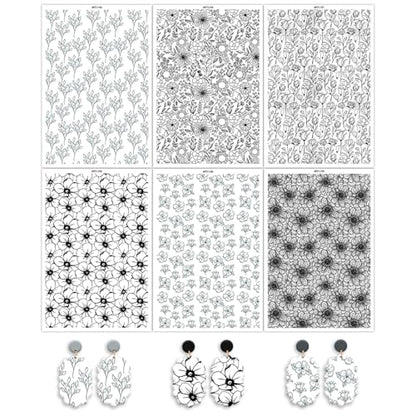 6 Pcs Black Flowers Transfer Paper for Earrings & Polymer Clay, Bloom Blossom Floral Pattern Water Soluble Transfer Sheet for Polymer Clay DIY Art Crafts Jewelry Earrings Making Supplies 5.82X3.9in
