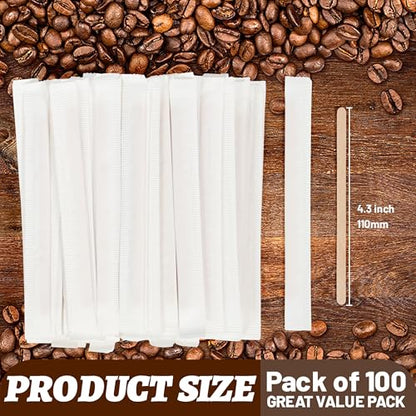 ANTETOK 100Pcs Wooden Coffee Stirrers Paper Wrapped 4.3Inch,Individually Wrapped Disposable Coffee Stir Sticks for Coffee,Tea,Cocktail and Hot Chocolate - size: 4.3Inch-100pcs(Wrapped)