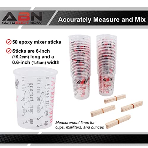 ABN Automotive Paint Mixing Cups - 50 Pack 20oz Plastic Measuring Mixing Cups for Epoxy Resin, Activators, and Thinners - Bonus Mixing Sticks