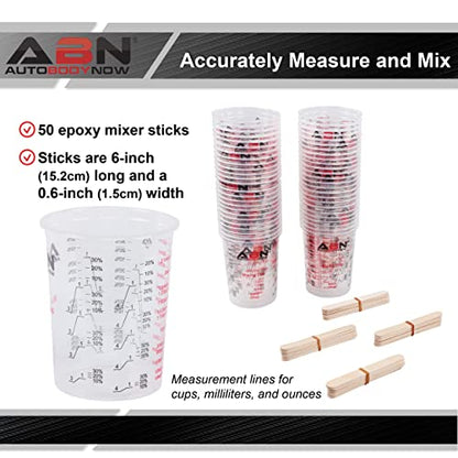 ABN Automotive Paint Mixing Cups - 50 Pack 20oz Plastic Measuring Mixing Cups for Epoxy Resin, Activators, and Thinners - Bonus Mixing Sticks