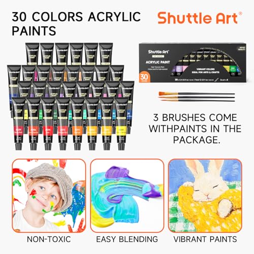 69 Pack Kids Paint Set, Shuttle Art Art Set for Kids with 30 Colors Acrylic Paint, Wood Easel, Canvas, Painting Pad, Brushes, Palette and Smock, Complete Paint Set for Boys and Girls(package may very)