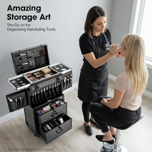 Rolling Lockable Makeup Train Case, Black Rolling Makeup Case | Large Trolley Storage Case Lockable | Trolley Professional Cosmetic Organizer Box | with Hair Dryer Holder&Scissors Buckles