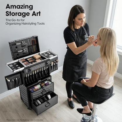 Rolling Lockable Makeup Train Case, Black Rolling Makeup Case | Large Trolley Storage Case Lockable | Trolley Professional Cosmetic Organizer Box | with Hair Dryer Holder&Scissors Buckles