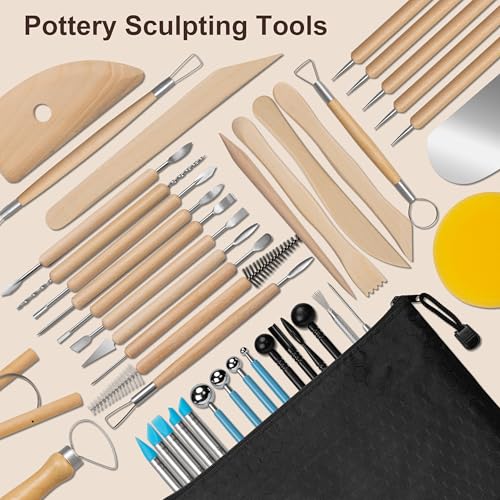 Amrules Clay Tools Kit, 43 PCS Pottery Tools, Practical Polymer Clay Sculpting Tools Kit, Air Dry Clay Tools Set for Beginner, Adults, Pottery Craft, Carving, Drawing, Molding, Modeling, Shaping - color: Lightyellow-43Pcs