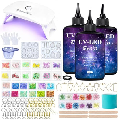 SolaraGlaze UV Resin Jewelry Making Kit with UV Lamp and Casting Tools 360g Crystal Clear&Low Odor DIY Jewelry Making Resin Kits, Resin Starter Kit for Keychain, Hair Clip and Earring