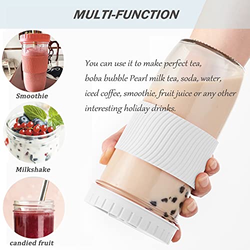 Amyoole 2 Pack Reusable Boba Cup,24Oz Wide Mouth Smoothie Cup,mason Jar Glass Cups with Lids and Straws,Bubble/Boba Tea Cups,Ice Coffee Tumbler 2 colored straws 1 sponge brush(White) - color: White