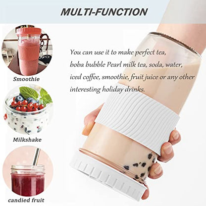 Amyoole 2 Pack Reusable Boba Cup,24Oz Wide Mouth Smoothie Cup,mason Jar Glass Cups with Lids and Straws,Bubble/Boba Tea Cups,Ice Coffee Tumbler 2 colored straws 1 sponge brush(White) - color: White