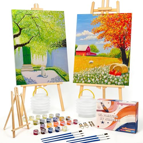 OLDEGG Complete 2Pack DIY Paint by Numbers Kit for Adults Beginners,Spring Autumn Themed Adult Paint by Number Kits with Easels,Painting by Numbers Framed Wall Art Set for Gift Home Decor 12x16inch - color: Spring Autumn-2Pack