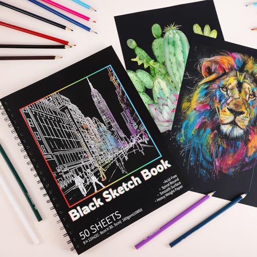 100 Sheets Black Paper Sketchbook(2 Pack), 108 lb/160gsm Heavyweight Black Sketch Pad 9×12in, Acid-Free Drawing Paper, Spiral Bound Sketch Book for Kids, Teens, Artist. - size: 9×12 Inch (2 Pack )